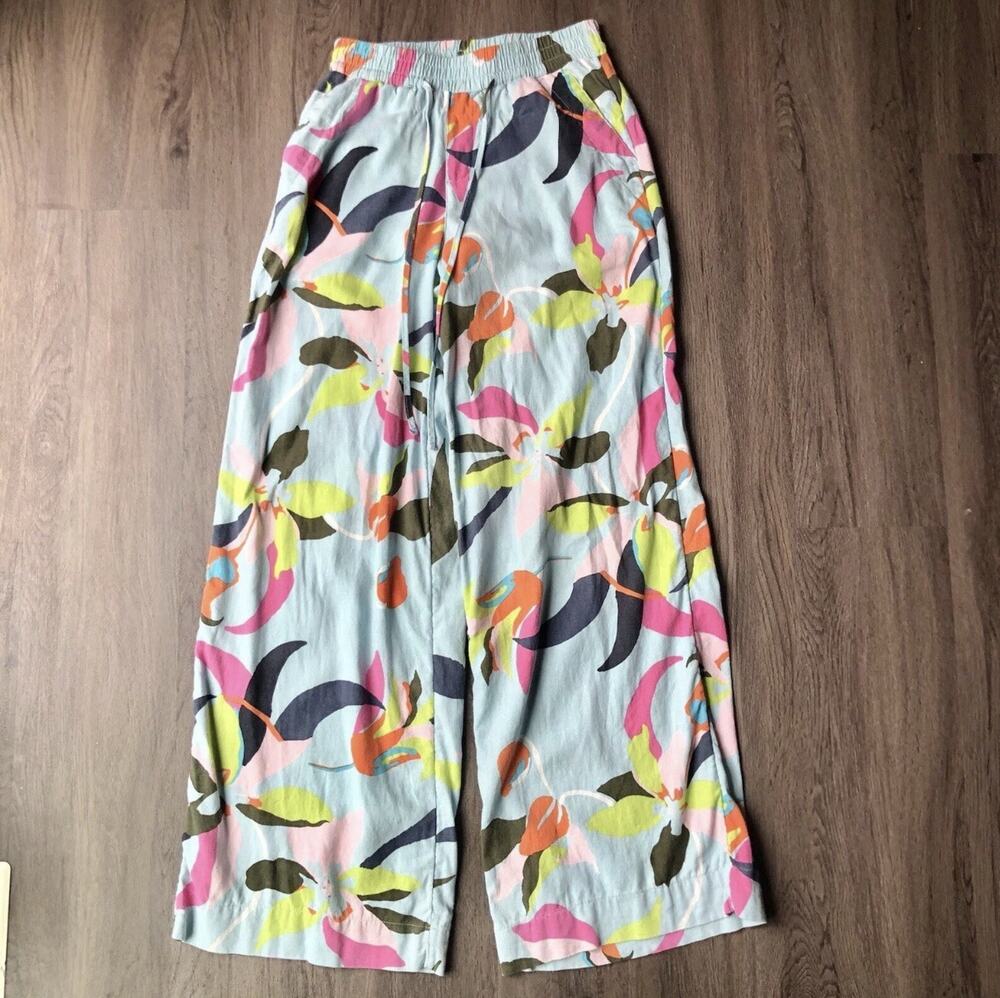 a new day Wide Leg Linen Blend Floral Print Pants Womens Medium Resort Wear Blue